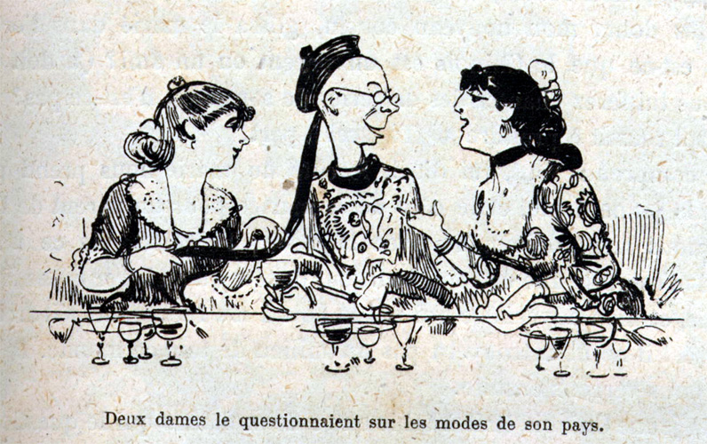 Dessin d'Albert Robida, La grande mascarade parisienne. Une vie de Polichinelle, Librairie illustrée - Librairie Dreyfous, Paris, v.1880.