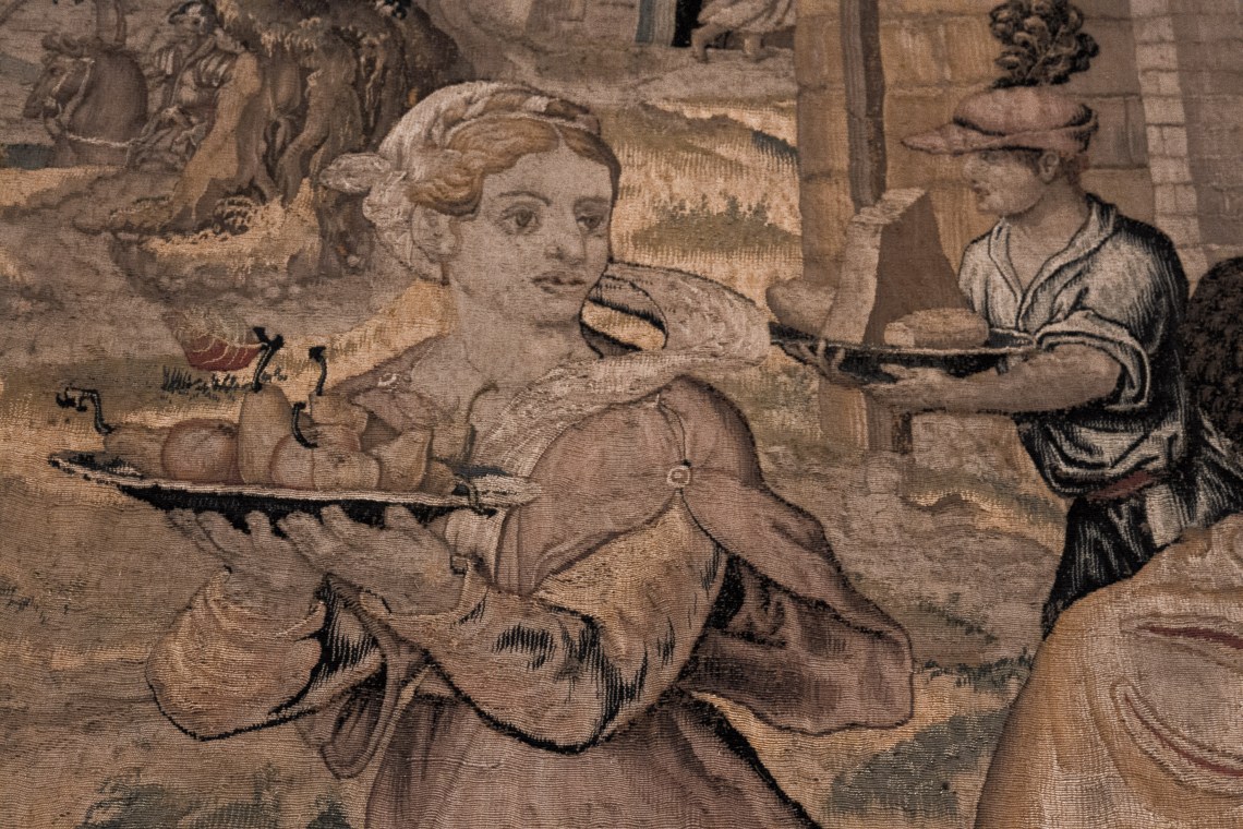 "Le dîner du Général" (détail), tapisserie de l'atelier de Jean Baudouin d'apès Giulio Romano, Bruxelles, 1546-1548.