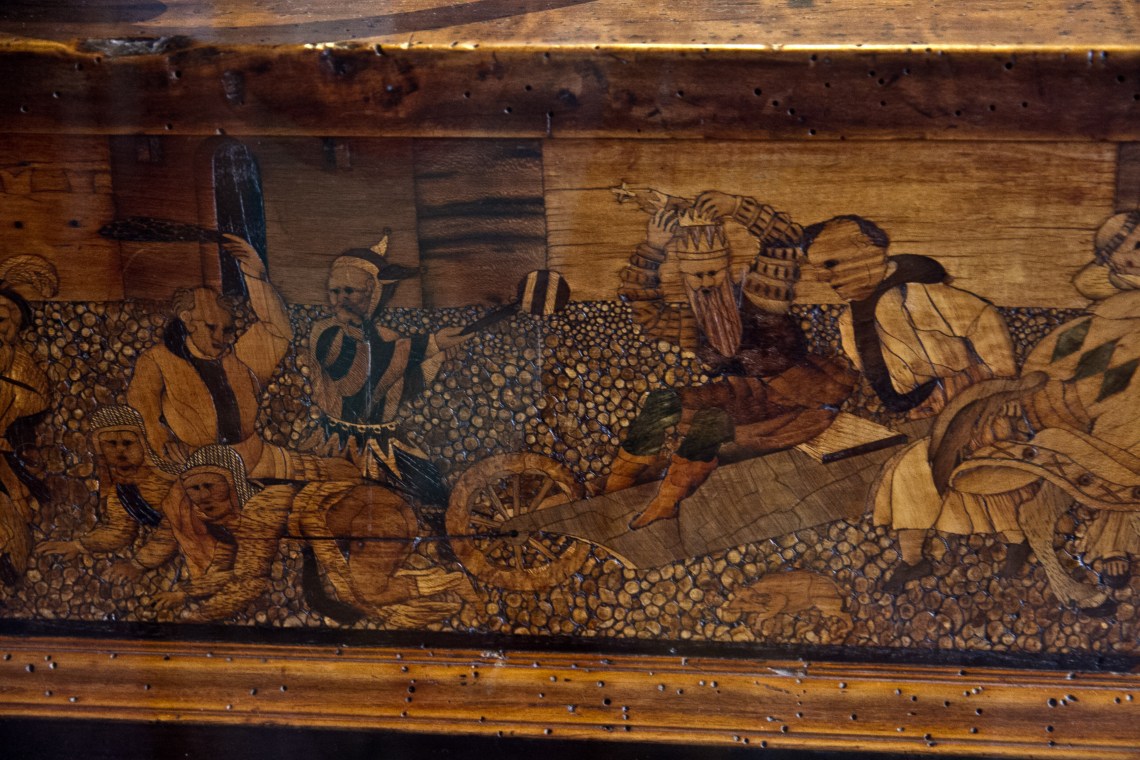 Banc d'orfèvre d'Auguste 1er de Saxe, Nuremberg, 1565. (Marqueterie, détail).