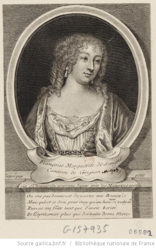 Portrait de Françoise Marguerite de Sévigné, comtesse de Grignan, en buste, de 3/4 dirigé à droite dans une bordure ovale : [estampe] Source : BNF Gallica
